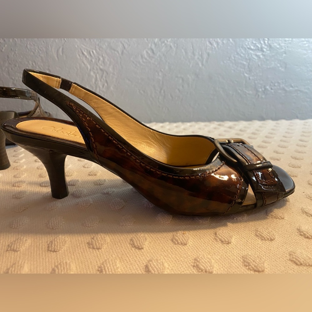 COLE HAAN Tortoiseshell print slingback heel with buckle toe detail